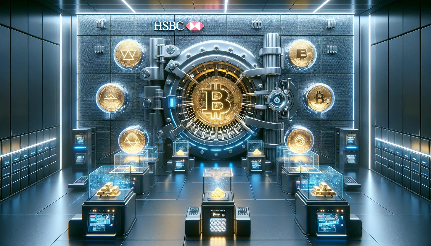 Create a 16:9 image depicting a high-tech vault reminiscent of HSBC's security, but designed for the digital age. The vault should be futuristic, with sleek metal walls and advanced security features like biometric scanners and holographic displays. Inside, instead of gold bars, there are representations of digital tokens that symbolize gold, stocks, and bonds. These tokens should appear as glowing, sophisticated symbols floating in secure containment units. The scene should convey the concept of a digital Fort Knox, showcasing a stronghold of modern wealth and digital asset protection.