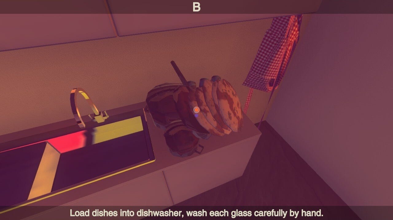 Dirty dishes next to a sink. A caption reads: Load dishes into dishwasher, wash each glass carefully by hand.
