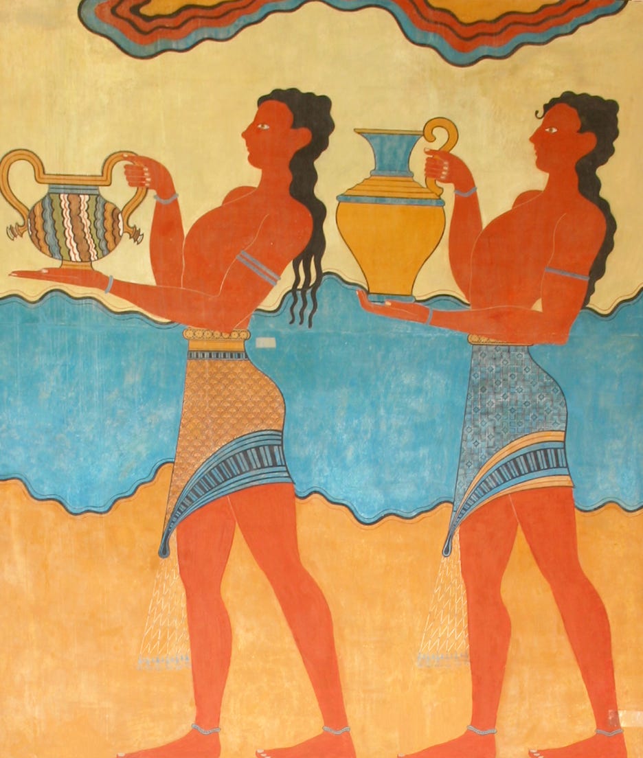 A portion of the Corridor of the Processions fresco from Knossos showing two red-skinned men with long black hair, wearing kilts and carrying brightly colored vessels.