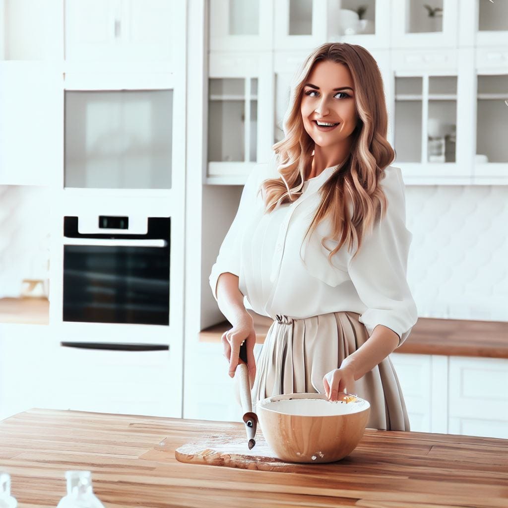 a photo of woman standing in a beautiful white kitchen with wood countertops. have her mixing batter in a bowl