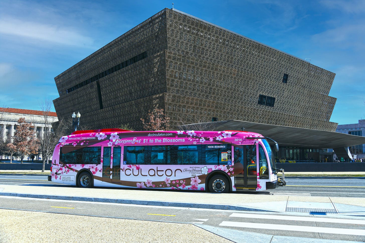 DC Circulator Cherry Blossom bus in front of the National Museum of African American History and Culture