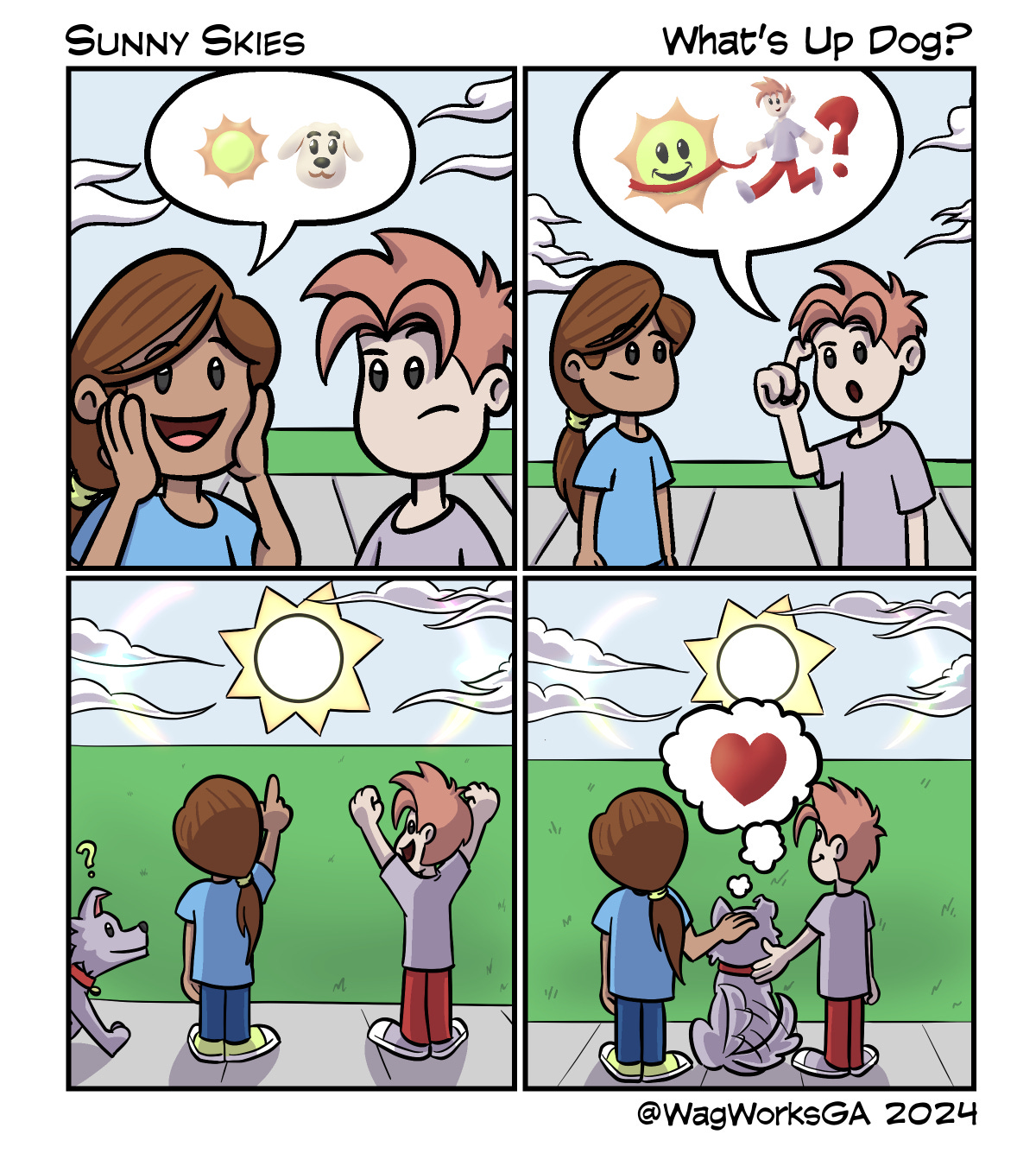 Chloe sees a sun dog! Corey is unsure of what a sun dog is, so she shows him. In the final panel, a sweet dog joins the two children in observing the sun dog in the sky. 