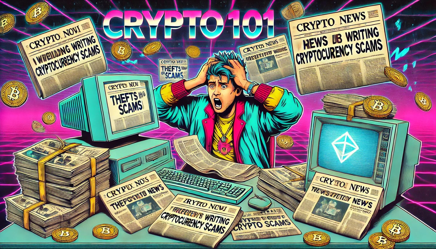 An 80s-themed banner of a person overwhelmed by writing a cryptocurrency newsletter, called 'Crypto101.' The person is frantically reading news about thefts and cryptocurrency scams, with a stressed expression. They are surrounded by stacks of newspapers, computer screens, and old TV sets displaying chaotic crypto news headlines. The style has a retro, American 1980s vibe, with neon colors, vintage computers, and old-fashioned outfits. The scene is busy and intense, reflecting the overwhelming amount of news they have to filter through.