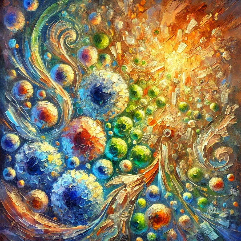 A beautiful impressionist oil painting with thick, textured brush strokes focusing solely on the interplay of T-cells and B-cells in the human immune system. The forms are abstract yet vivid, with glowing, dynamic shapes swirling and interacting harmoniously. The composition features vibrant colours like greens, blues, and golds to represent vitality and the natural immune response. The brush strokes are bold and expressive, creating a sense of movement and energy that highlights the dynamic nature of the immune system. The overall tone is radiant, organic, and filled with life.