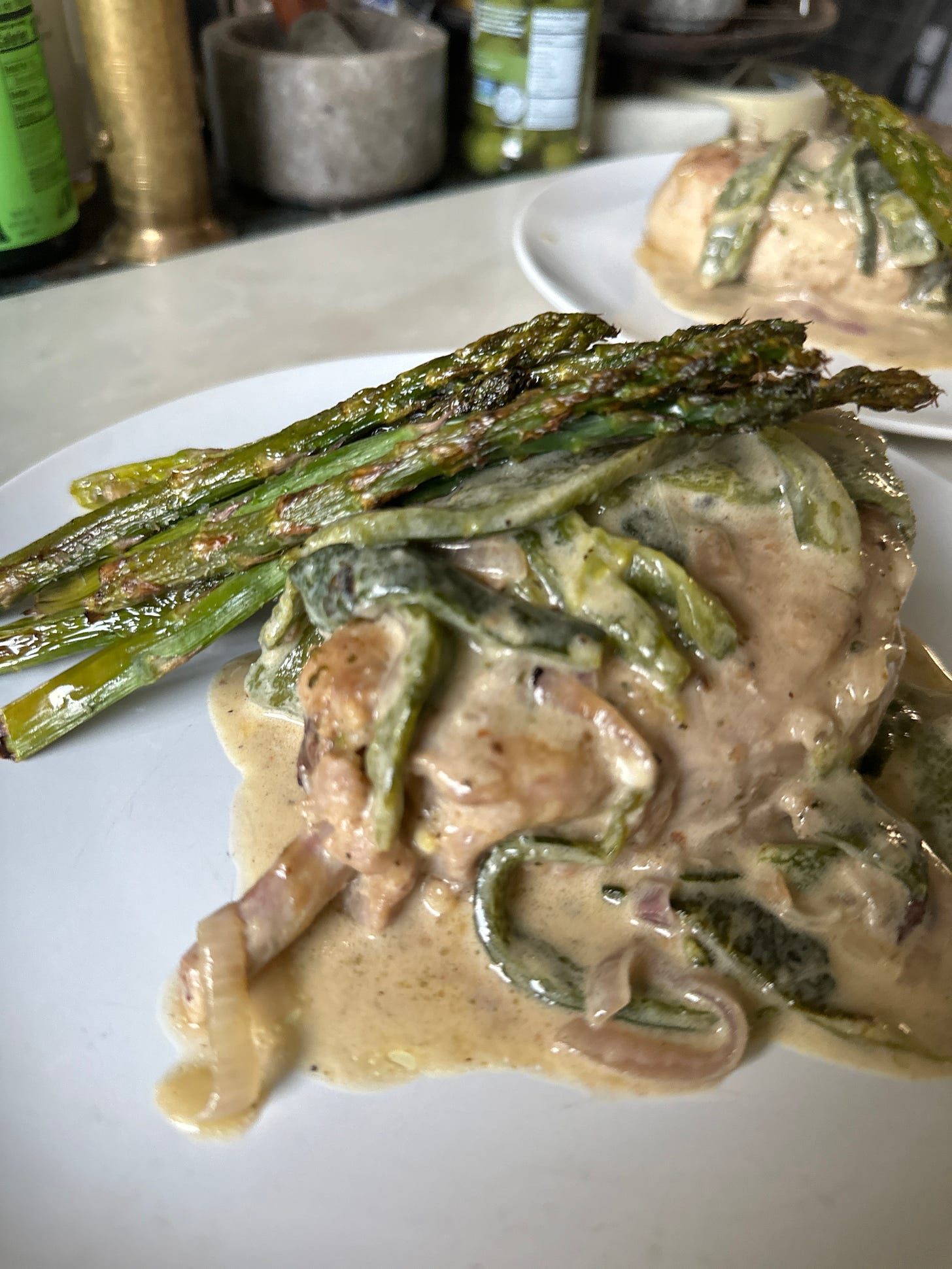 Roasted Poblano Pepper Smothered Pork Chops with Asparagus with Smoked Salt