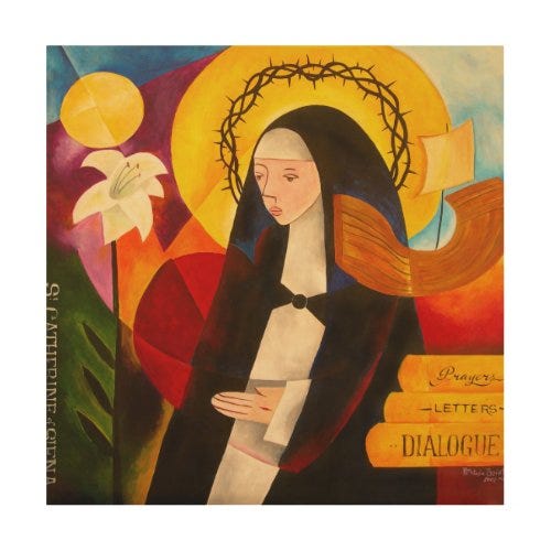 A colorful painting of St. Catherine of Siena by Patricia Brintle