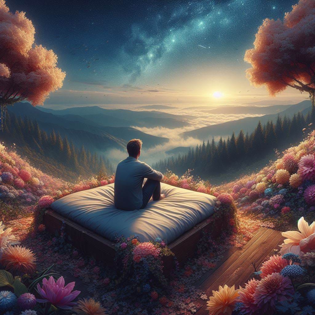 a man sitting on a bed made of flowers looking at the landscape far behind him, digital art