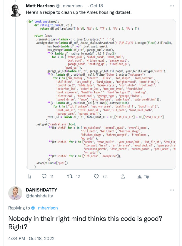 A tweet with a code screenshot containing a very long method chain, and an angry reply.