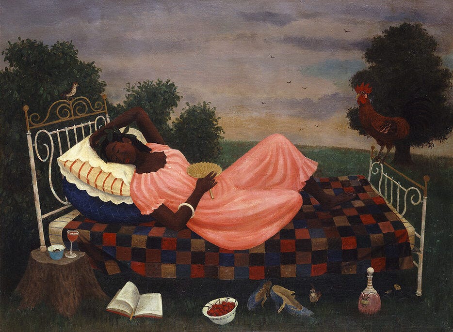 Outdoors, a dark-skinned woman in a peach dress reclines on a bed, a bird perches on the headboard and a rooster on the footboard. In the foreground, a wine glass and bowl sit on a tree stump, and an open book, bowl of cherries, pair of shoes and a wine bottle sit on the grass.