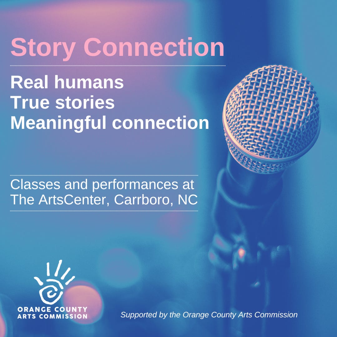 blue and pink flyer for story connection, classes and performances at artscenter in carrboro NC, supported by Orange County Arts Commission