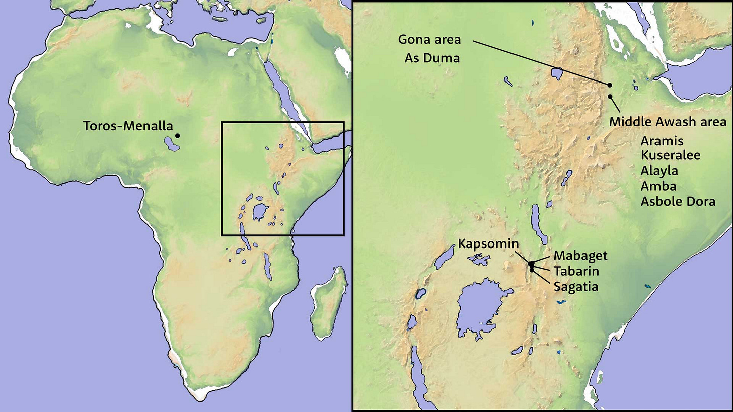 Map showing locations of early hominin sites in Chad, Ethiopia, and Kenya