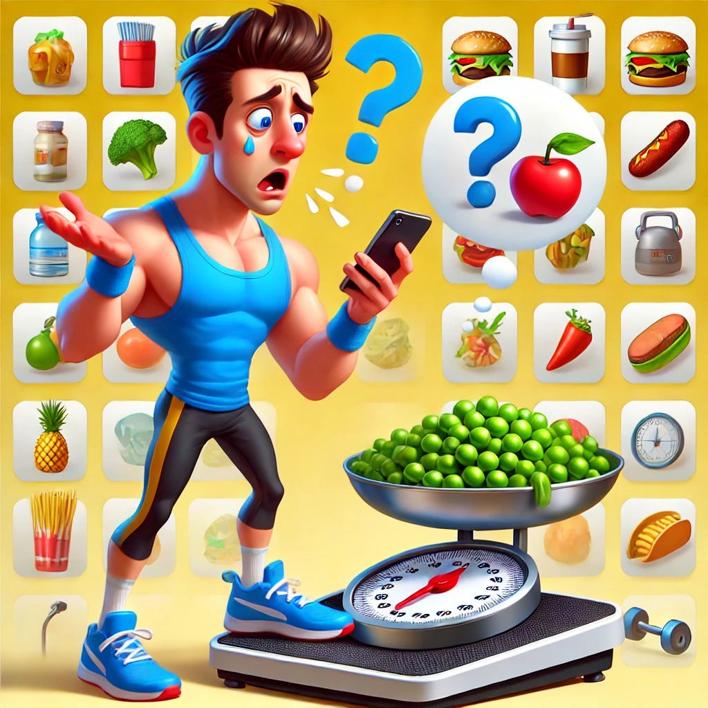 A funny, cartoon-style illustration of a fitness enthusiast in athletic gear, holding a smartphone in one hand and looking confusedly at a food scale in front of them. On the scale is an absurdly small or humorous item, like a single pea or a single potato chip, being meticulously weighed. The character looks overly serious or puzzled, adding to the humor. The background includes floating icons of exaggerated healthy foods and gym equipment for a playful, lighthearted vibe. Bright, cheerful colors enhance the comedic effect.