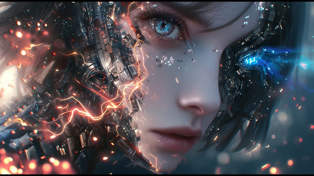 Mujer cibernética con resplandor eléctrico y neuronal.