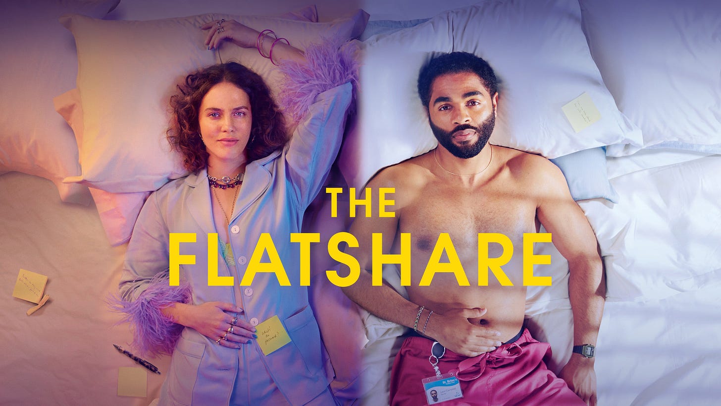 Promo image for the TV show The Flatshare. Two characters lie beside one another on a bed