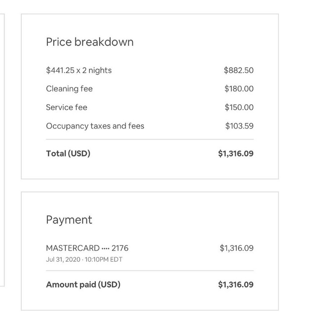 AirBNB’s price breakdown showing additional costs at checkout.