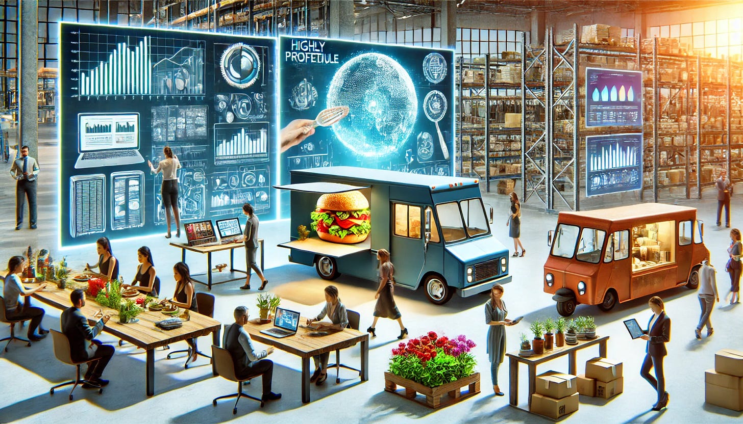 A visually engaging concept art of highly profitable yet practical business ideas. The image features a futuristic yet realistic co-working space with entrepreneurs brainstorming, a food truck serving gourmet meals with a long line of customers, a sleek e-commerce warehouse with automated packing, a digital marketing agency with screens displaying analytics, and a sustainable fashion startup showcasing eco-friendly clothing. The setting is vibrant and modern, symbolizing innovation and success.