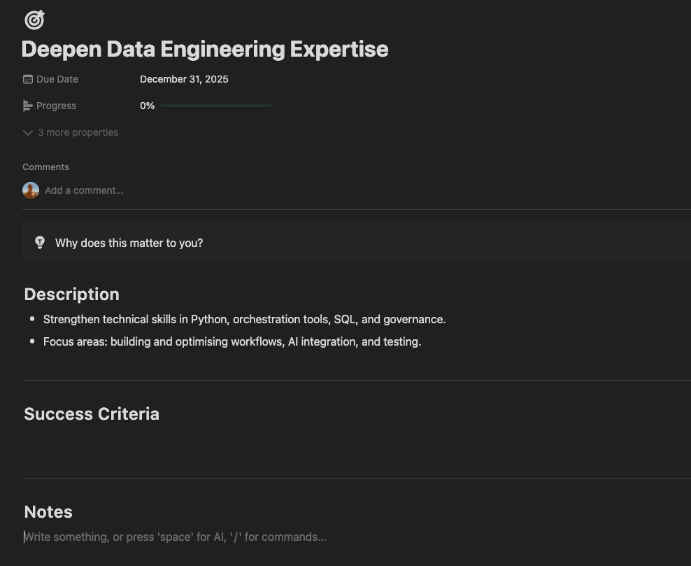 Notion screenshot showing a notion page with a data engineeirng goal.