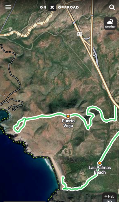 a map showing two twisting green lines for roads through a wilderness area. One of them is labeled Puerto Viejo and the other is labled Las Palmas