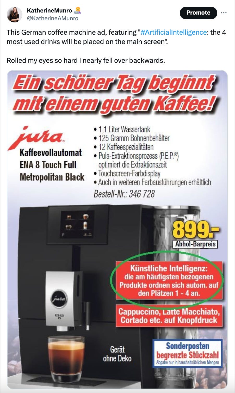 A German advertisement for a coffee machine. Translated to English, one highlighted part of the advertisement reads "AI: the most frequently requested drinks will be displayed in positions 1-4."
