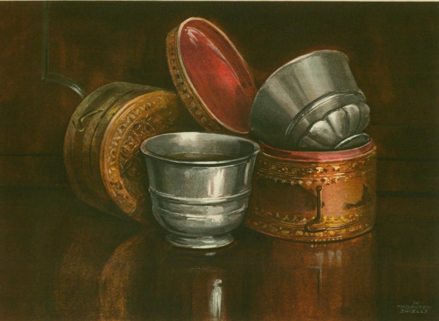 A painting of two small metal cups and their leather cases. One cup sits upright on a polished wooden table. The other cup is shown on its side within its open case. Wooden panelling forms a dark background.