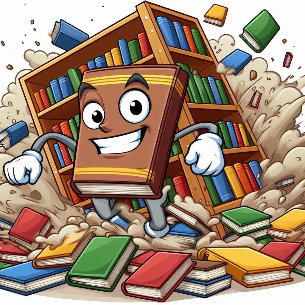 A fun cartoon of a book shelf avalanche with just the books and shelves