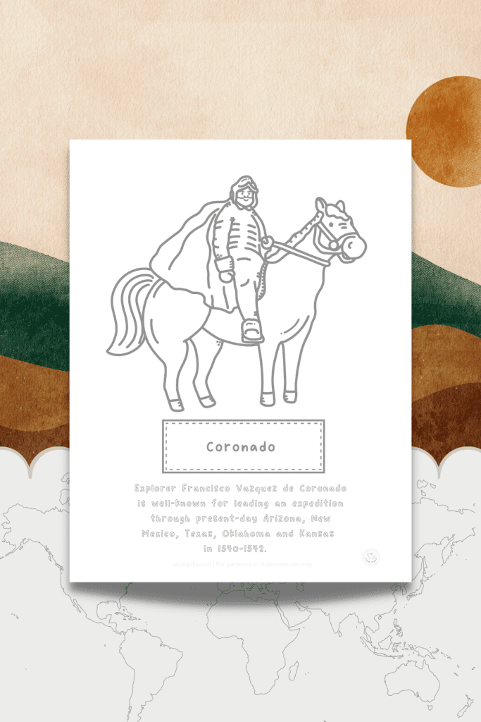 This sixth printable on our Famous Explorers word search blog post is a coloring page featuring an image of the explorer Coronado.