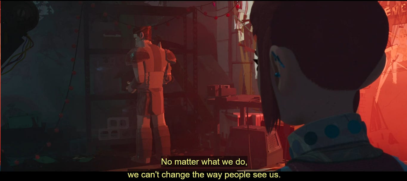 Screenshot from the Nimona movie, showing Nimona at the forefront, Ballister deeper in the frame, both from the back, Ballister lit by a reddish light. The captions show him saying: "No matter what we do, we can't change the way people see us."