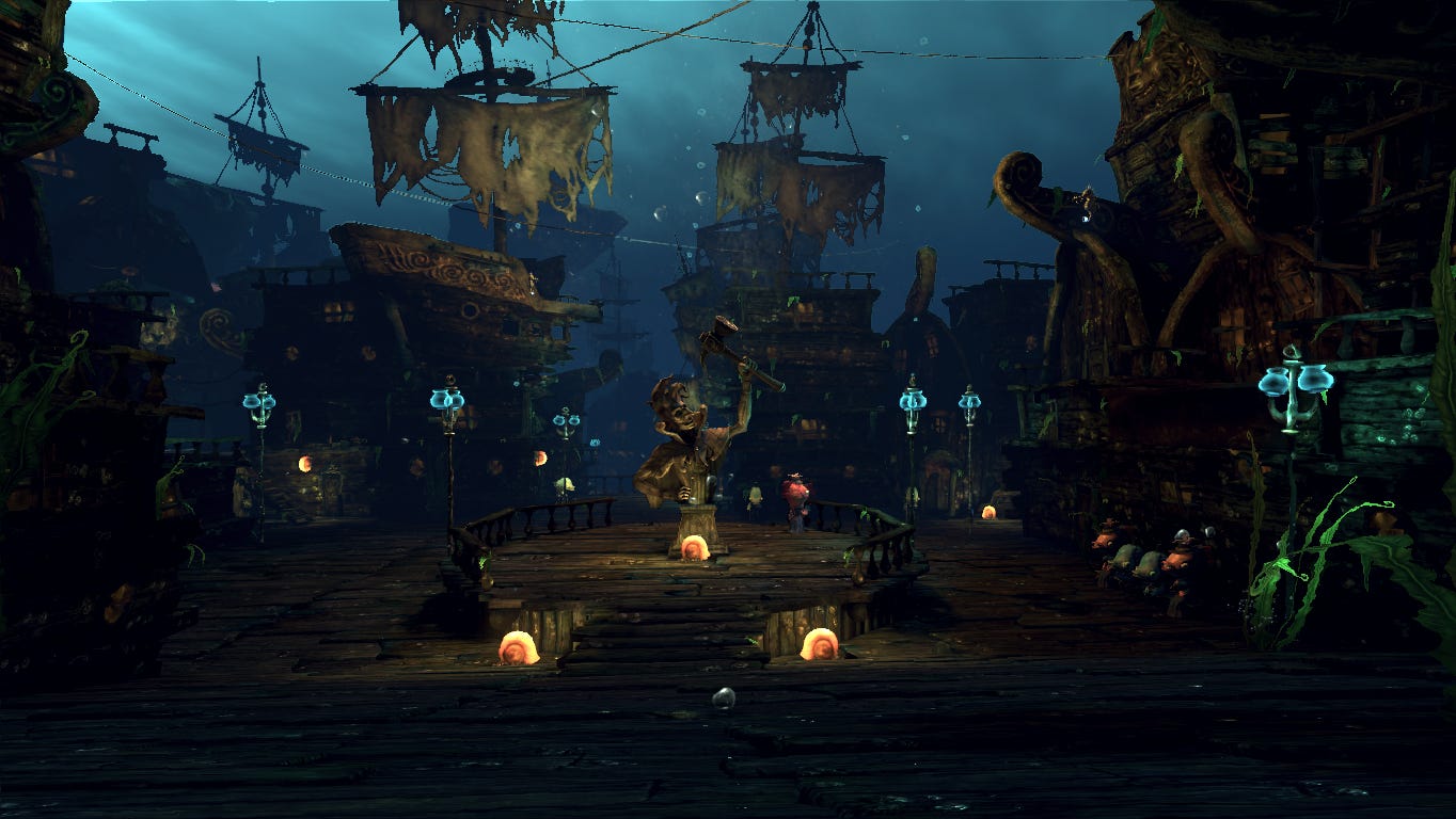 A screenshot of the map from The Deluded Depths level, showing many sunken ships, pieces of coral, and a wooden statue of the Carpenter.