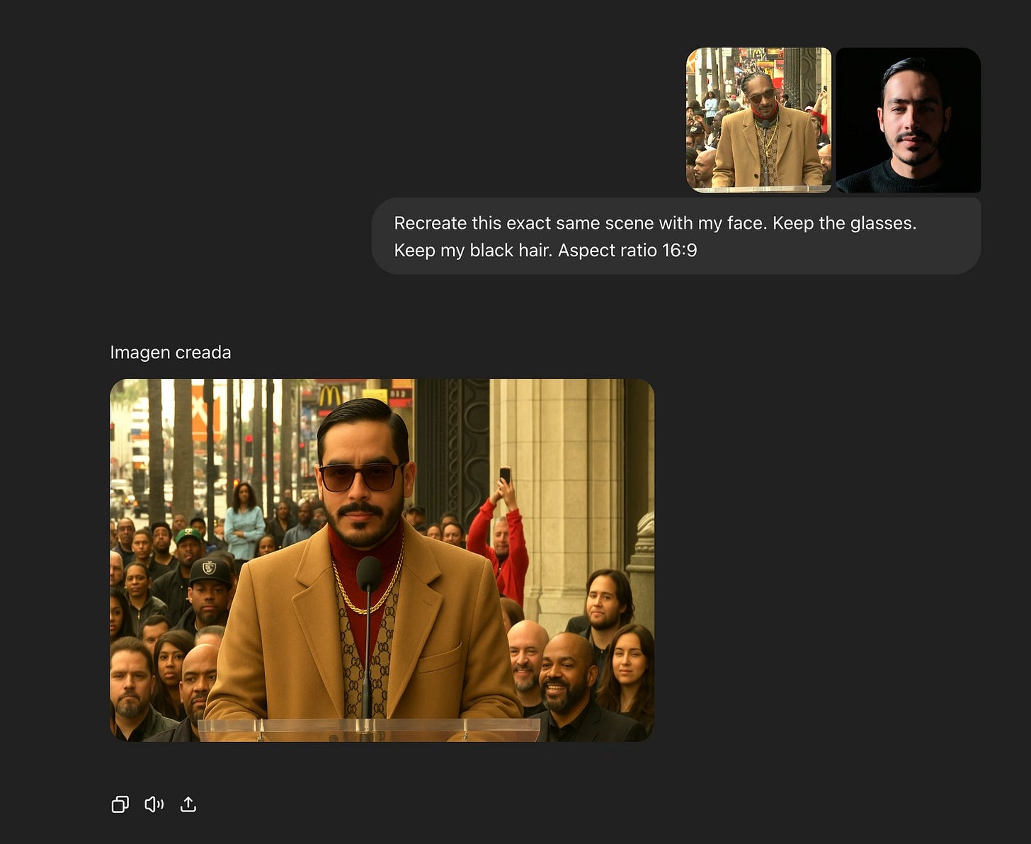 May be a Twitter screenshot of ‎7 people, poster and ‎text that says '‎মন Recreate this same scene with my face. Keep the glasses. Keep my black hair. Aspect keepmyblack.hai.Aspectratio16 ratio 16:9 Imagencreada Imagen creada ) ب‎'‎‎