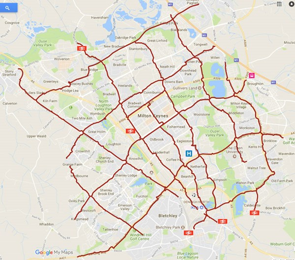 Map of Milton Keynes showing the existing Redway Super Routes network