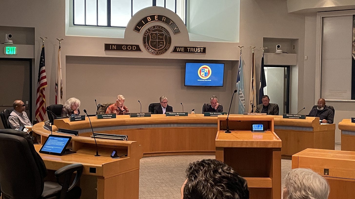 The Oceanside Planning Commission discusses the controversial Eddie Jones Warehouse project during Monday’s meeting at City Hall. Steve Puterski photo