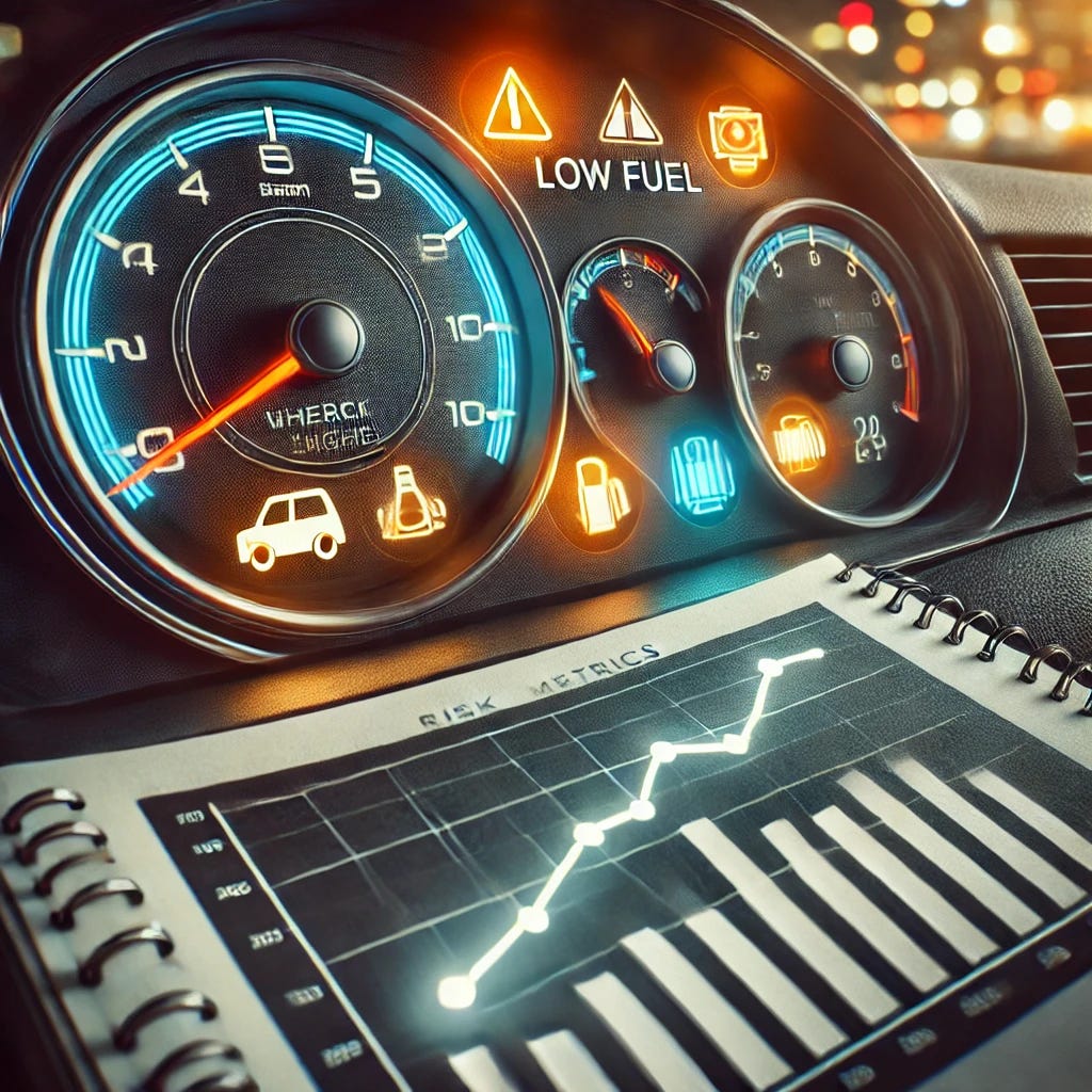 Create an image of a car dashboard with a few key warning lights, such as the check engine and low fuel lights, symbolizing risk metrics. Next to the dashboard, include a simple graph showing a downward trend, representing a decline in performance or system health. The focus is on these key elements without too much additional detail. Capture the scene with a Canon TS-E 17mm f/4L Tilt-Shift lens for a wide-angle view, set at f/8 for moderate depth of field. Use a shutter speed of 1/250s to avoid motion blur, and an ISO setting of 200 for clarity. Apply a high-contrast look with a warm white balance to highlight the warning lights and graph.