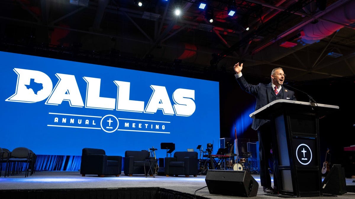Southern Baptist Convention president Clint Pressley speaks during the Convention’s annual meeting on Tuesday, June 10, 2025, at the Kay Bailey Hutchison Convention Center in Dallas.