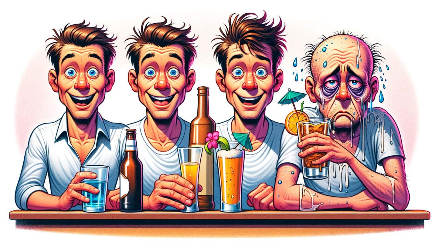 A cartoon illustration of four men sitting side by side at a bar. The first man is looking healthy and fit, with clear skin and bright eyes, happily drinking a glass of water. The second man is slightly less fit but still cheerful, casually sipping a small beer. The third man appears somewhat tired and less cheerful, holding a large cocktail with a little umbrella. The fourth man looks very worn down and disheveled, with bags under his eyes, desperately clutching a large bottle of vodka. The scene is colorful and exaggerated to emphasize the effects of their drink choices.