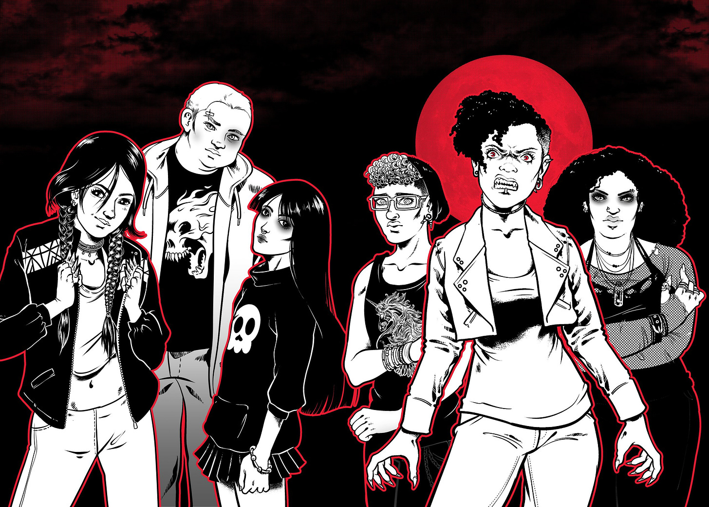 Cover art of Monster Hearts 2e without the title text. It shows a black and white illustration of several teens outlined in red. They have cool leather jackets, some have claws, other dark circles under their eyes, all look dramatic.
