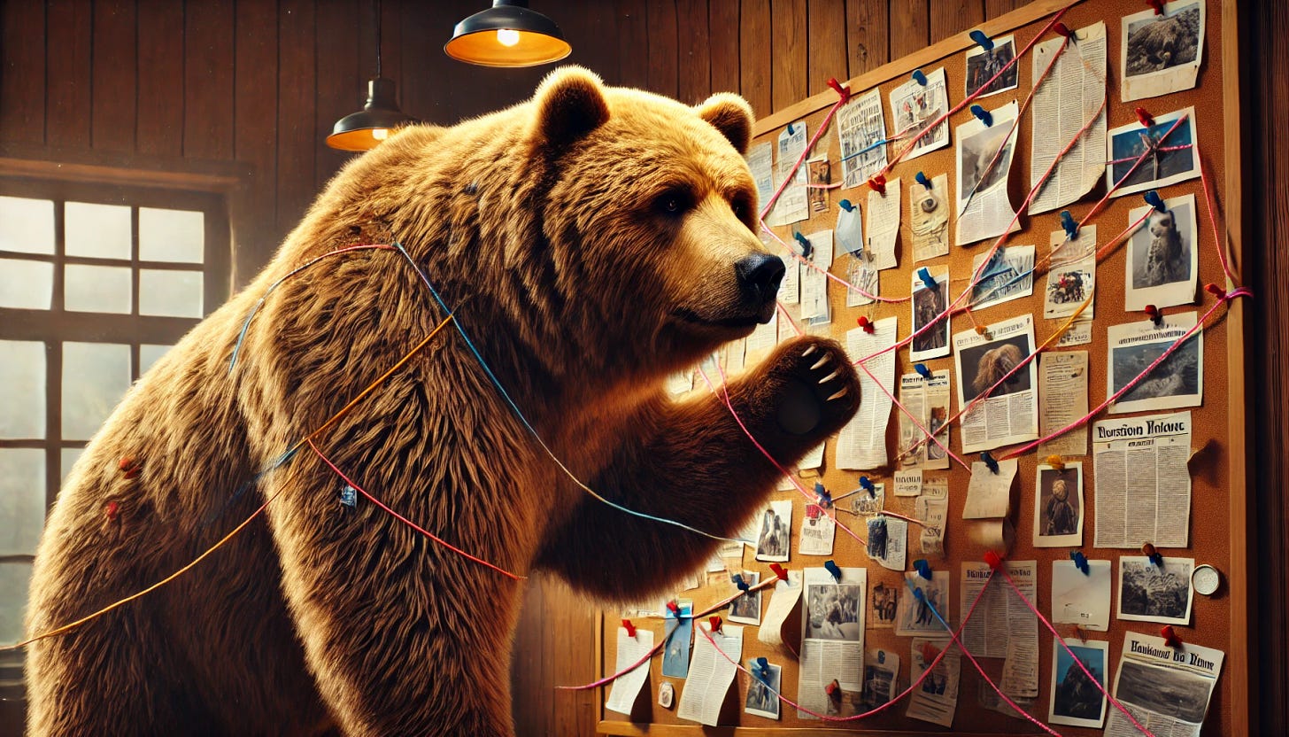 A large Kodiak bear is playfully interacting with a corkboard filled with numerous pinned newspaper clippings connected by colorful strings, as if solving a mystery. The bear is in a cozy room with wooden walls, creating a warm and intriguing atmosphere. The clippings and strings are detailed, with the bear appearing both curious and amusingly serious. The scene is whimsical and charming, highlighting the bear's intelligence and playful nature. Aspect ratio 34:21.