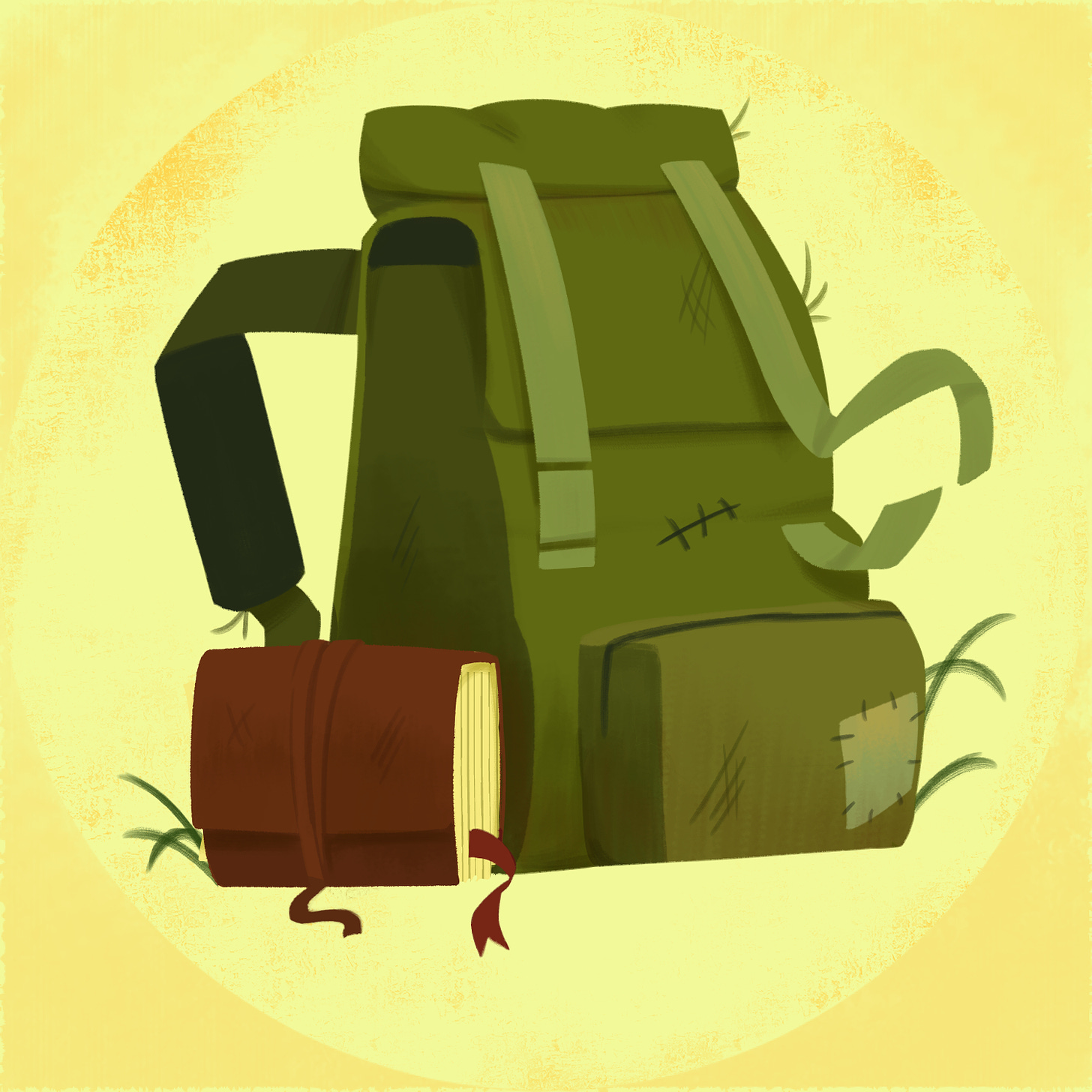 A green hiking backpack with grass at the bottom, and a journal attached to the side.