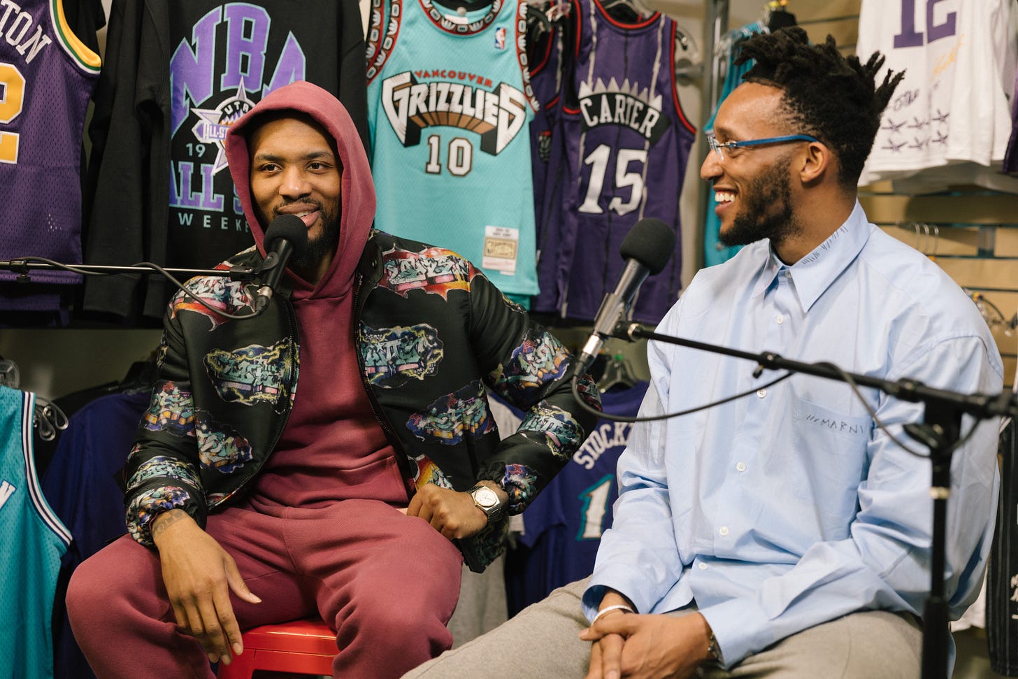 Dame Lillard (L) and Point Forward co-host Evan Turner (R) at a recent recording of the podcast