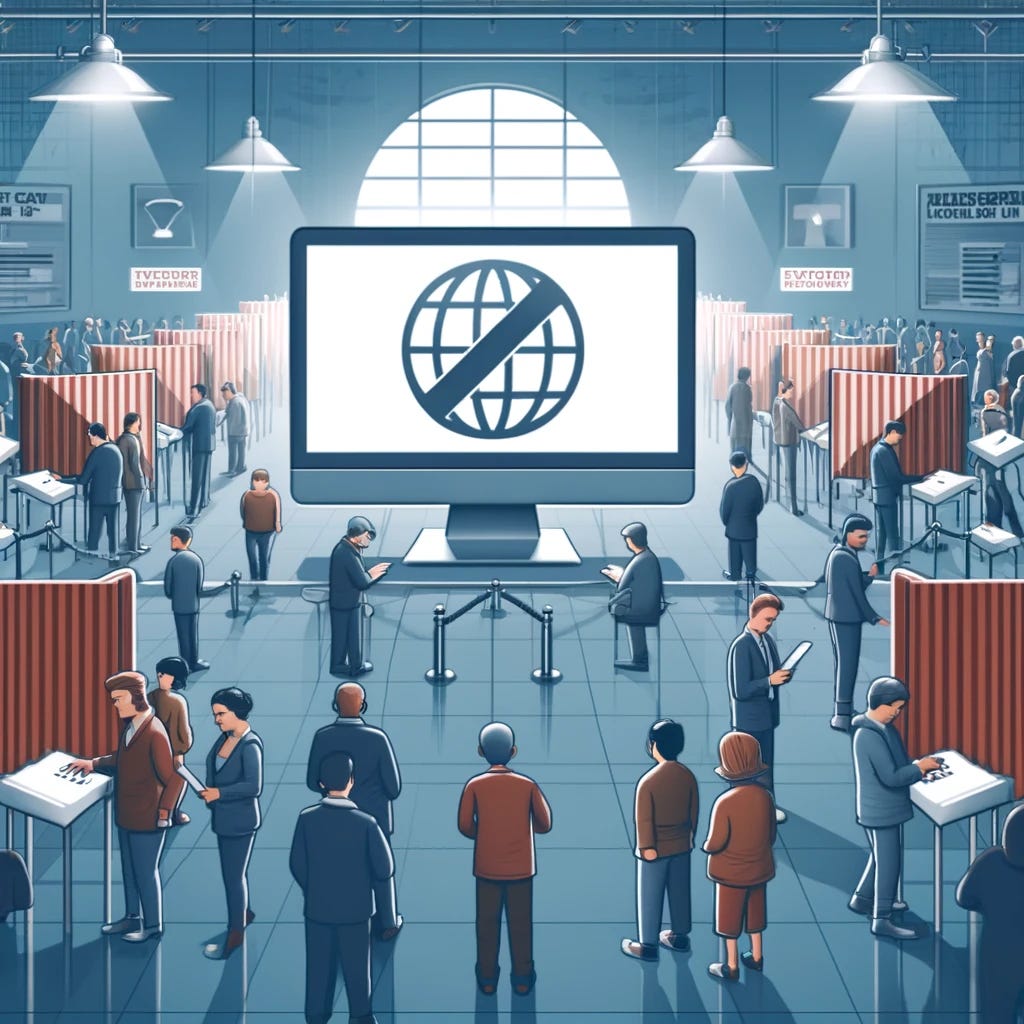 A conceptual illustration of an election and internet censorship. The scene shows a crowded voting station with diverse people casting ballots. In the foreground, a large computer screen displays a blocked internet symbol, symbolizing internet censorship. The atmosphere is tense but hopeful, with a mix of ethnicities represented among the voters. The setting is modern, with digital voting machines and posters about voting rights visible. The color scheme is muted, with shades of gray and blue dominating.