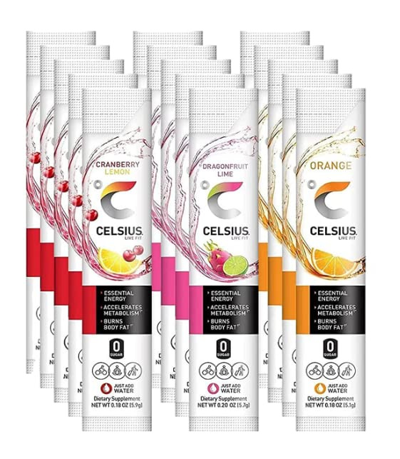 CELSIUS Live Fit On-the-Go Powder Stick 3 Flavor Variety Pack, Zero Sugar - Dragonfruit, Cranberry Lemon and Orange Pack of 15 (5 of Each Flavor)
