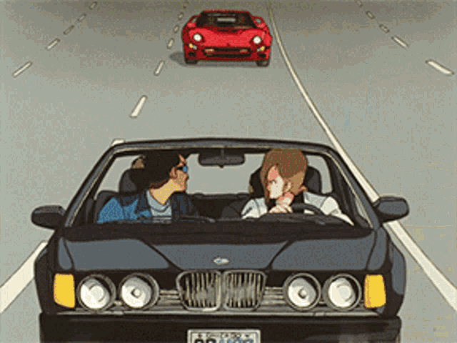 gifje van een anime animatiescene van een achtervolgingscene van twee auto's