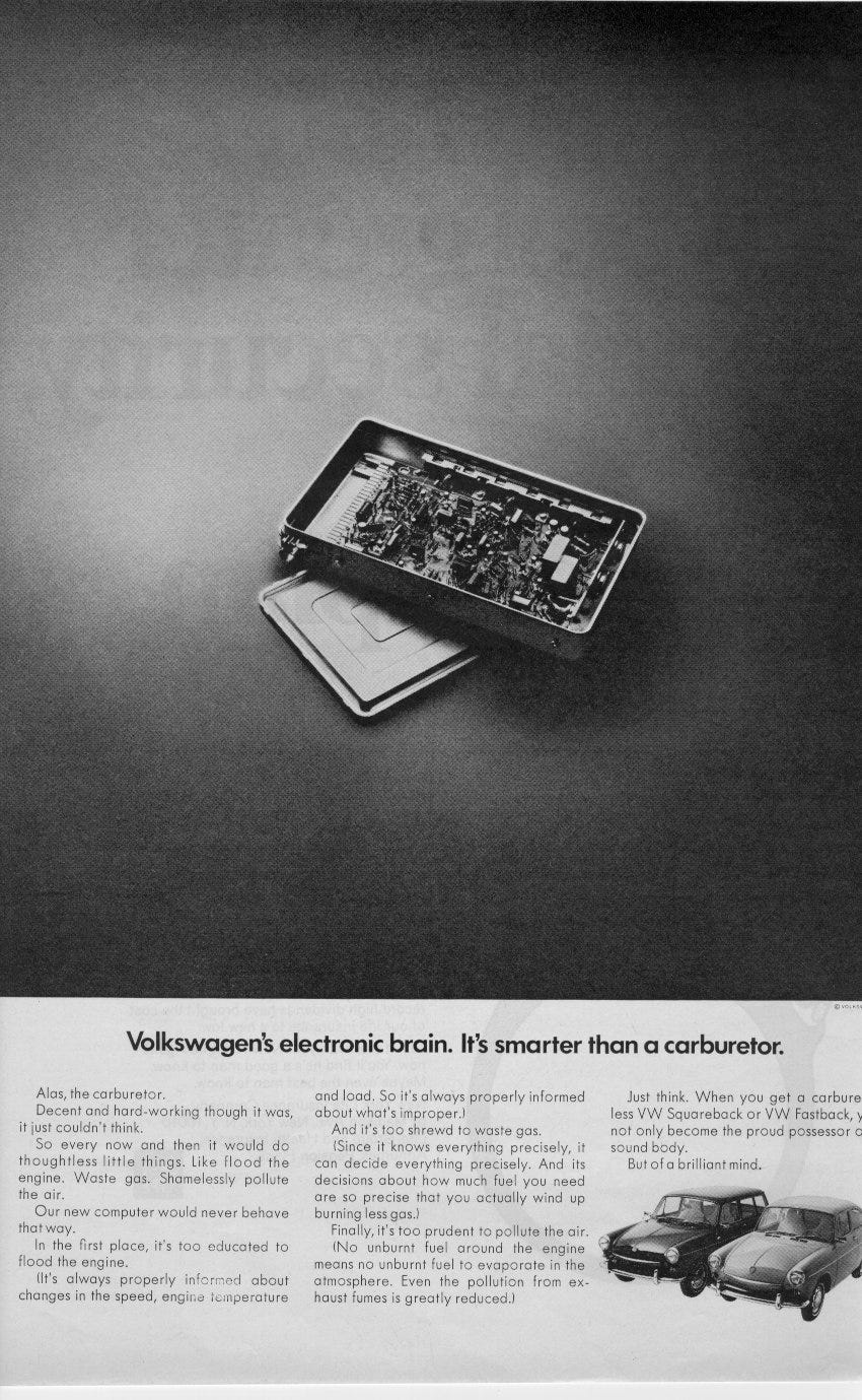 A vintage print advertisement that says "Volkswagen's electronic brain. It's smarter than a carburetor."