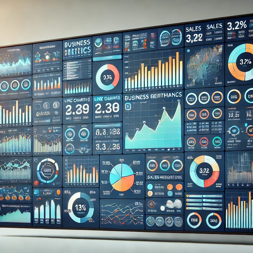 A large dashboard filled with various business metrics displayed in charts and graphs. The dashboard includes bar charts, line graphs, pie charts, and numerical indicators, showcasing business performance, sales data, KPIs, and other analytical figures. The design is clean, modern, and easy to read, with a professional layout on a digital screen, typical of a business analytics tool. The colors are varied but organized to help visualize the data clearly.