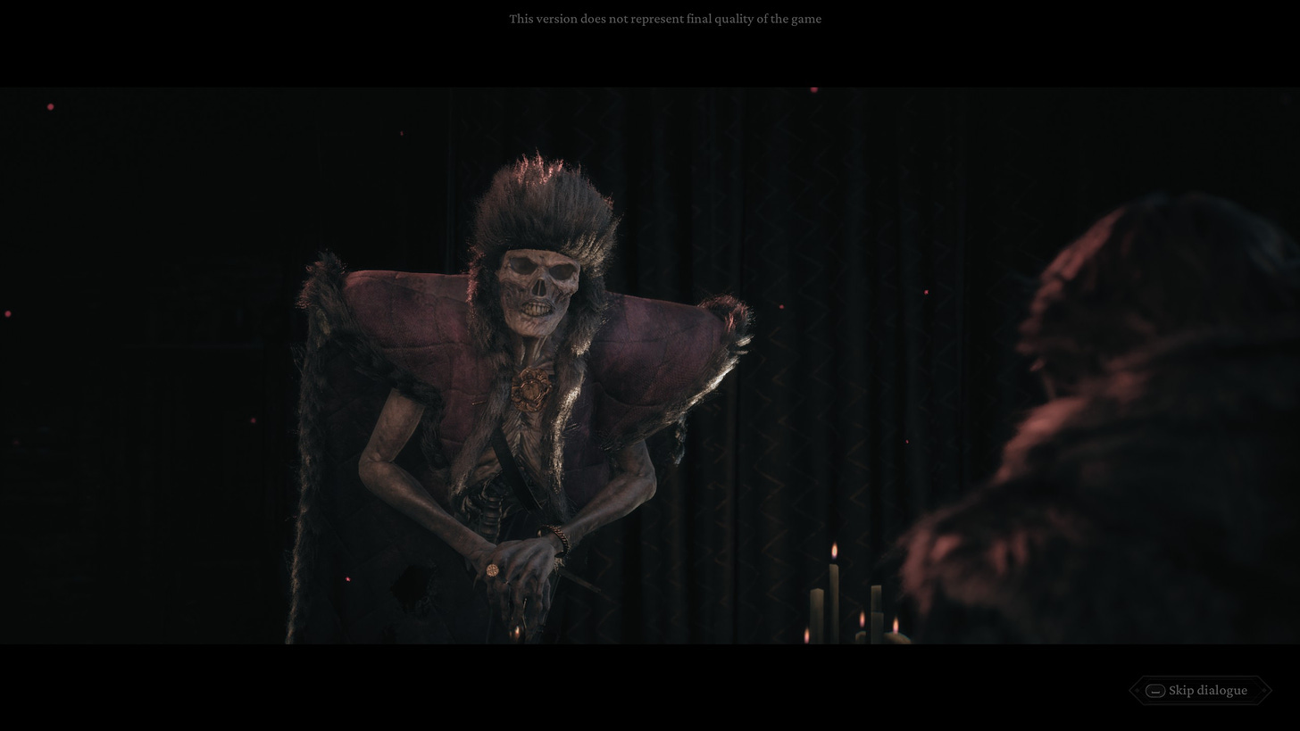 A screenshot of the game The Thaumaturge, showing the Upyr, a Cossack undead ghost figure, looking at the player character.