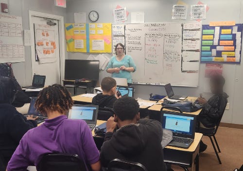 Iredell County Public Library Digital Navigator Rachel Valcourt teaches digital literacy skills to 7th graders at Success Institute Charter School