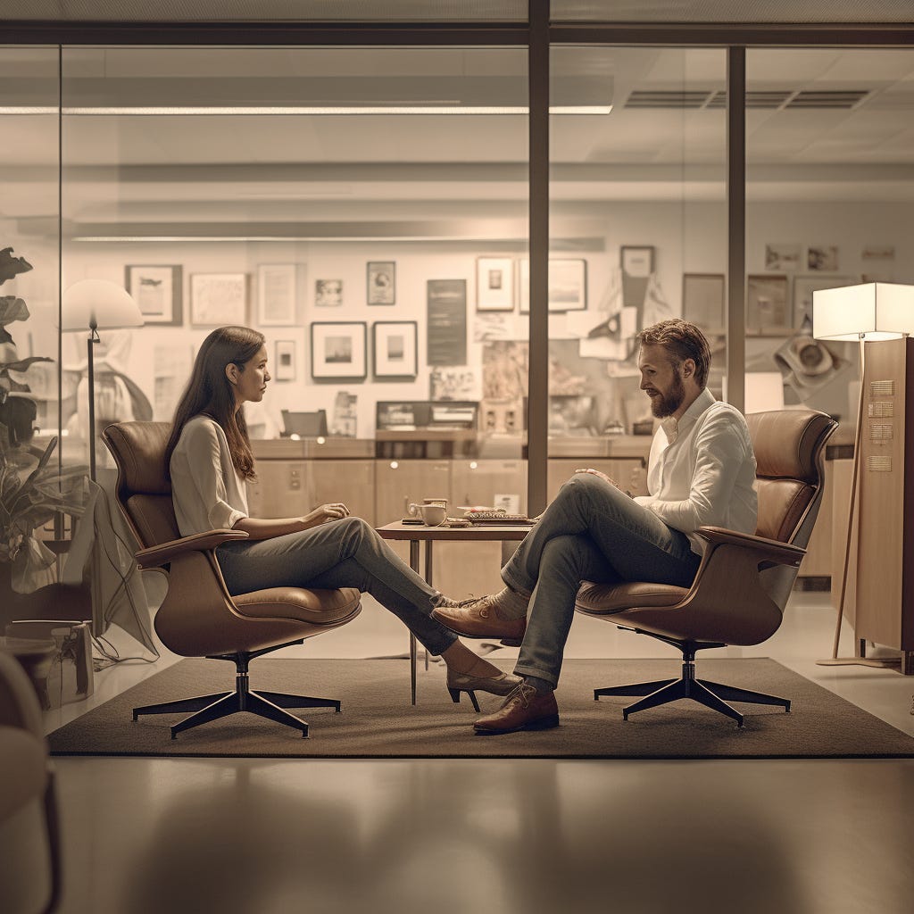 A man and a woman sit having a conversation in an office.