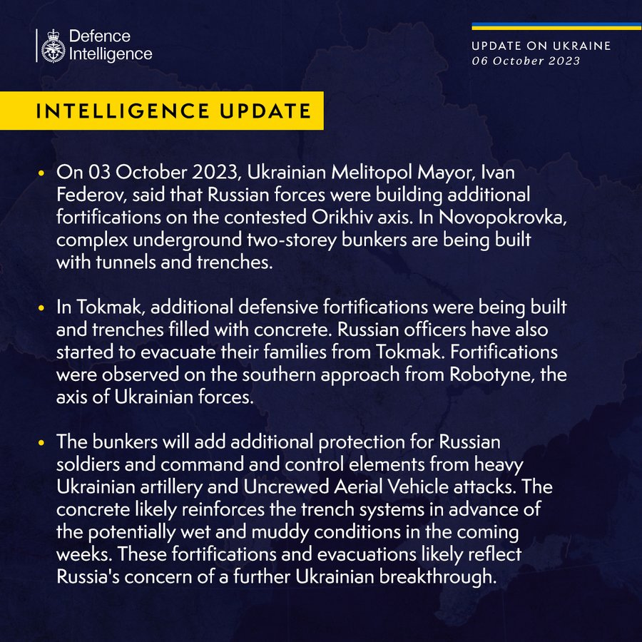 Latest Defence Intelligence Update on the situation in Ukraine - 06 October 2023. Please read thread below for full image text.