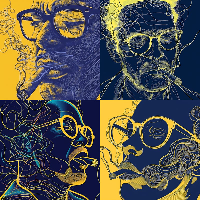 man with glasses, cigar and smoke, in yellow and dark blue tones