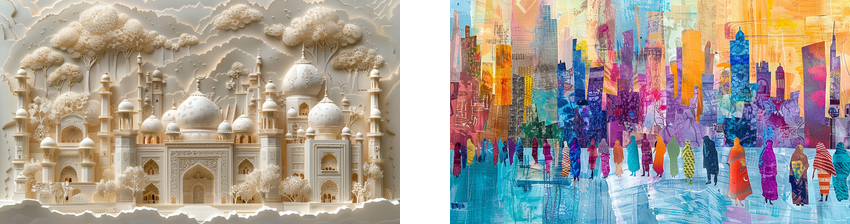 A split image showing two contrasting scenes. The left side features an intricately detailed, monochromatic paper sculpture of a grand palace with domes, arches, and minarets surrounded by trees. The right side displays a vibrant, colorful abstract painting of a bustling cityscape with tall buildings and people in various colors walking through the streets.