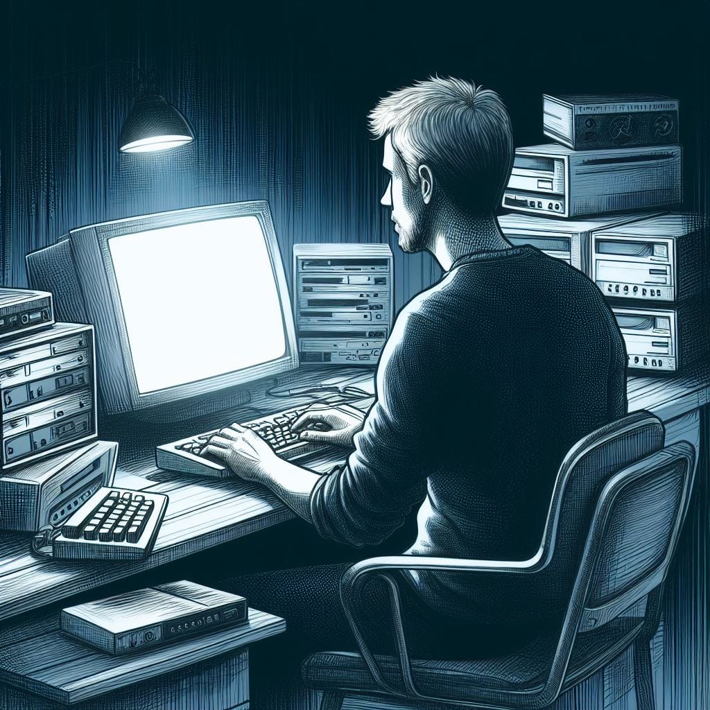 drawing of a middle aged software developer with short hair typing at a desk in the dark, surrounded by old computers